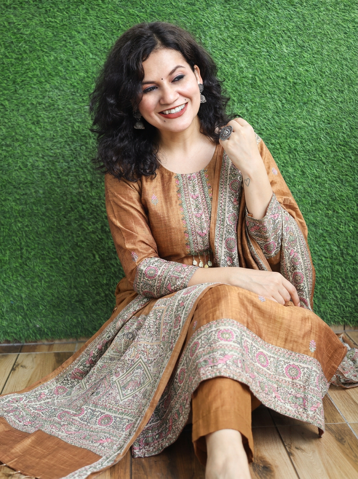 Mahnoor Mustard Yellow Madhubani Tussar Chanderi Silk 3 Piece Set