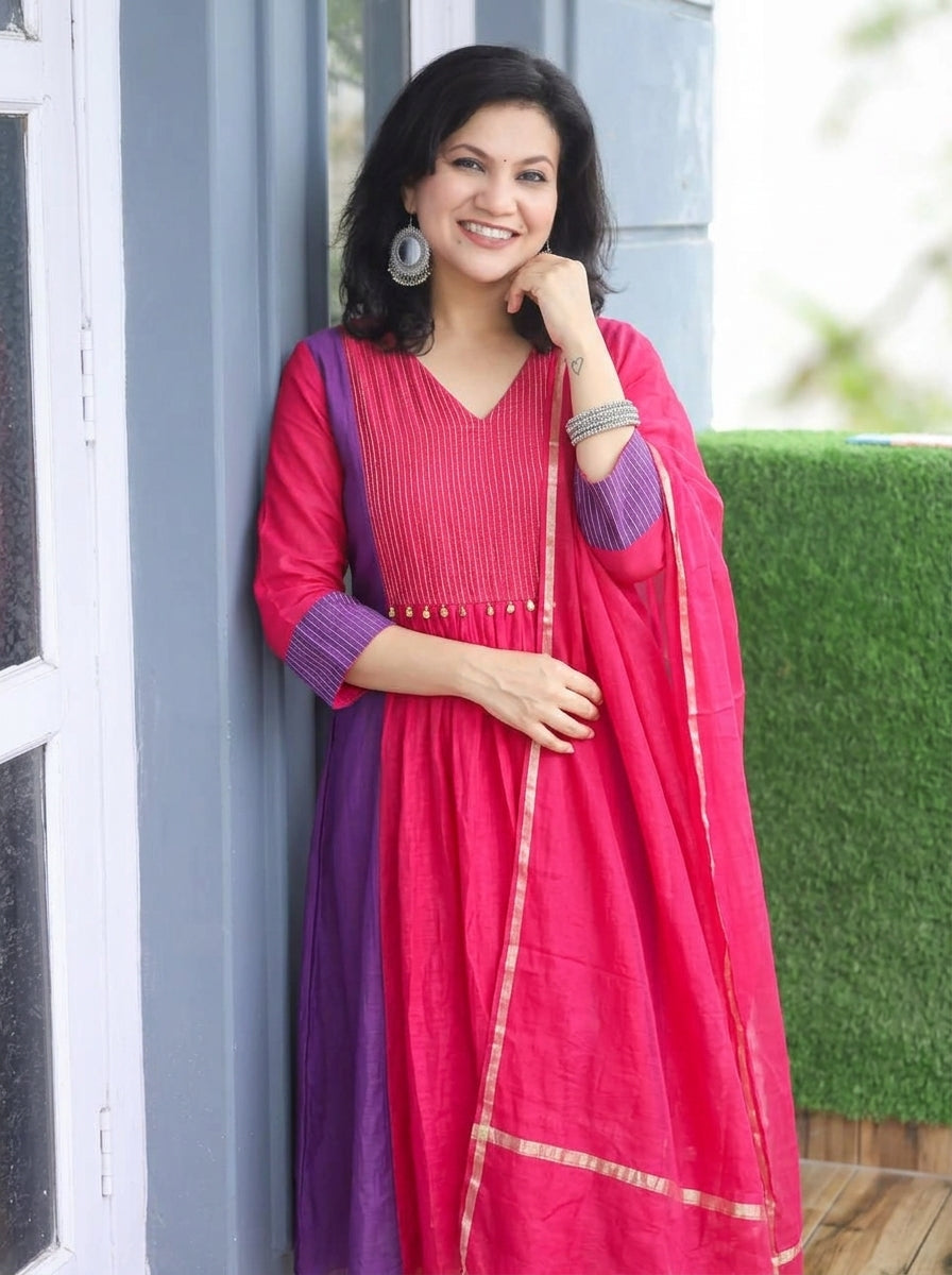 Avni Magenta Pink Zari Woven Mul Chanderi 3 Piece Set