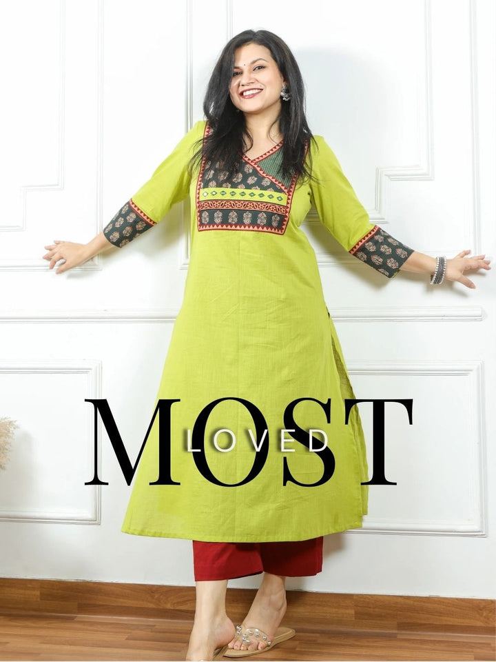 Hanniyaan Minty Green Kutch Patch Work Angrakha Cotton Kurti-D3