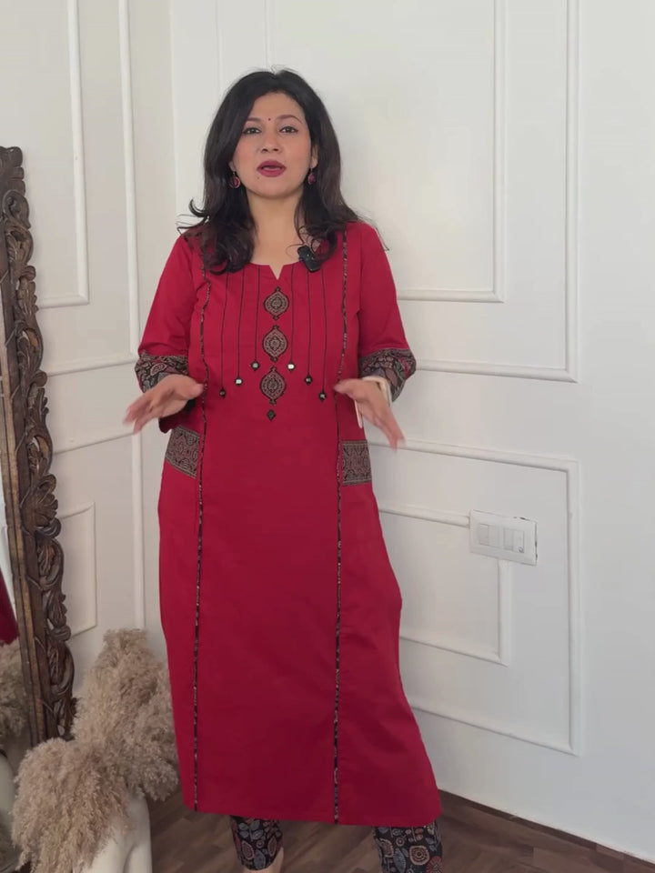 Pankhudi Maroon Running Stitch in Ajrak Patch with Mirror Work Cotton Kurti with Pocket