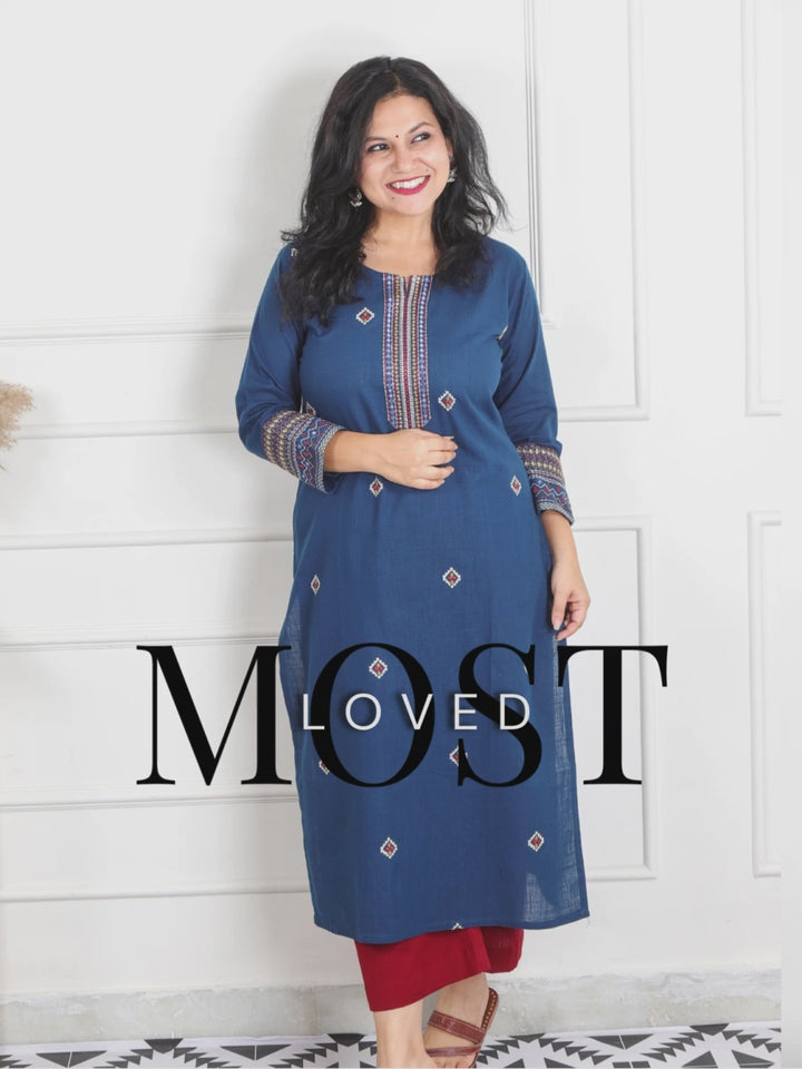 Kashish Dark Blue Thread Work with Patra Detailing Cotton Kurti