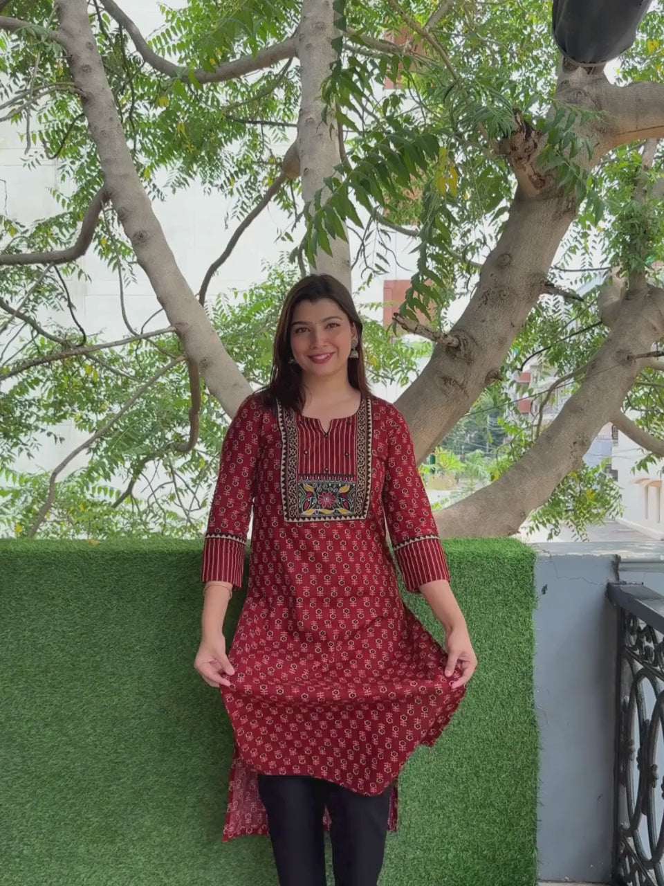 Rooh Blood Red Kutch Neck Yock Work with Ajrak Printed Cotton Kurti-D3