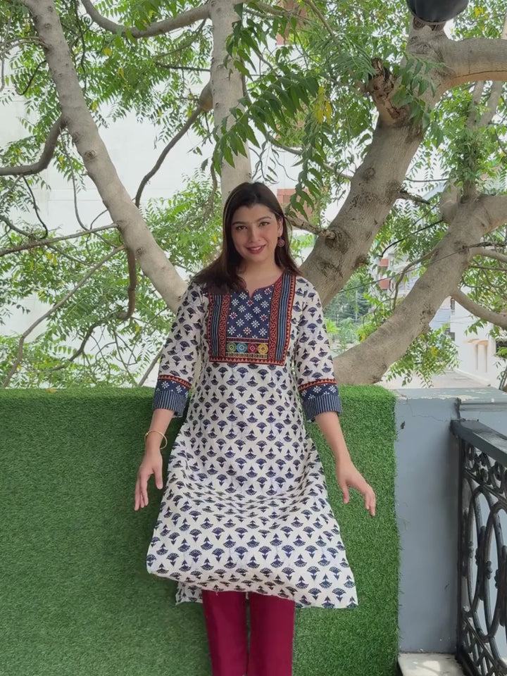 Ruhaniyaat Indigo Blue Dabu Print Mirror Kutch Work Cotton Kurti-D1