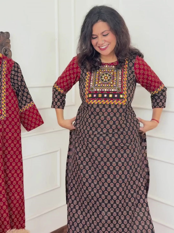 Gauri Ebony Black with Embroidered Patch Yoke in Gamthi Print Cotton Kurti