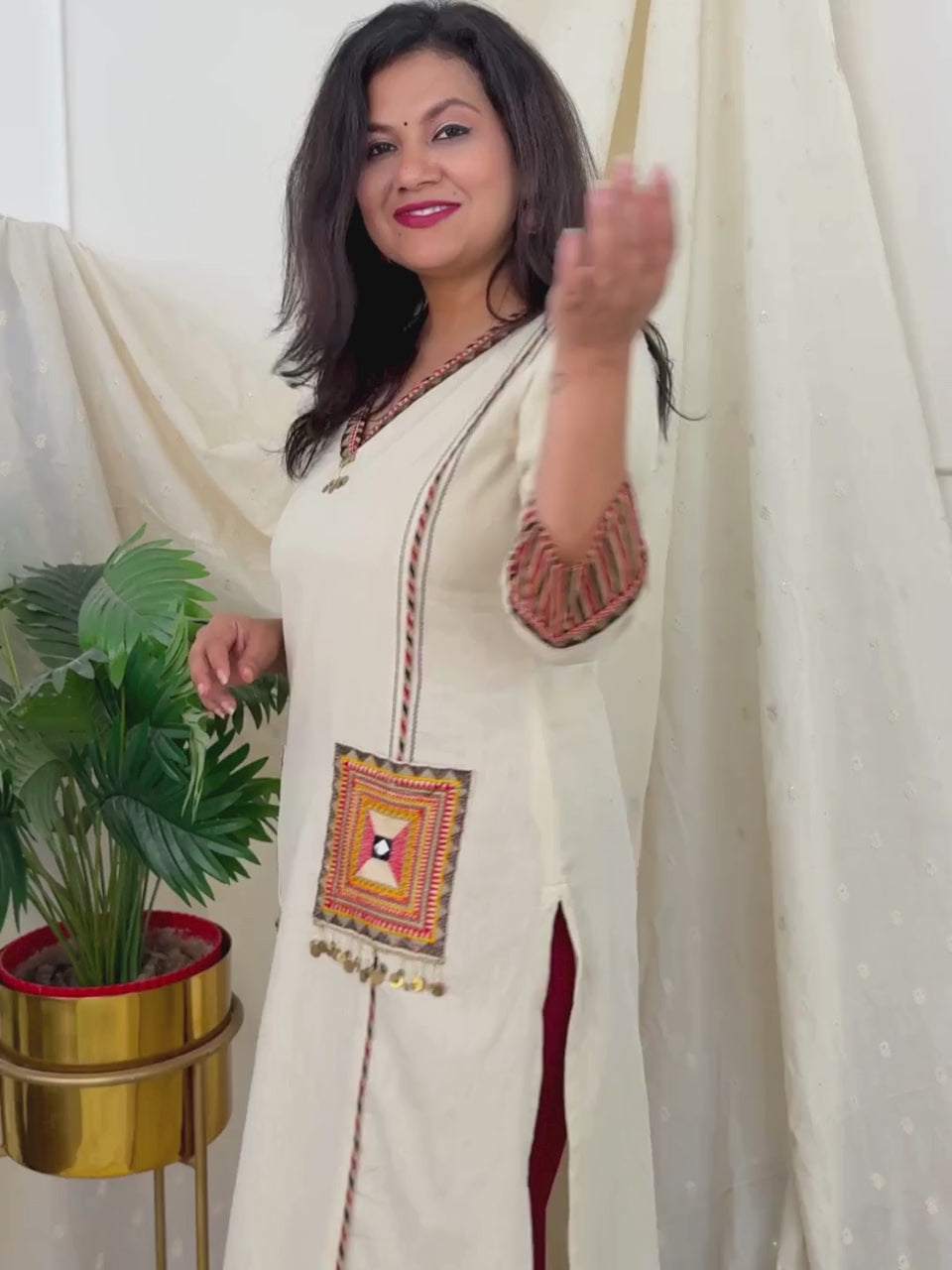 Gulkand Slate Beige Embroidered Patch with Coin Work Cotton Kurti with Pocket