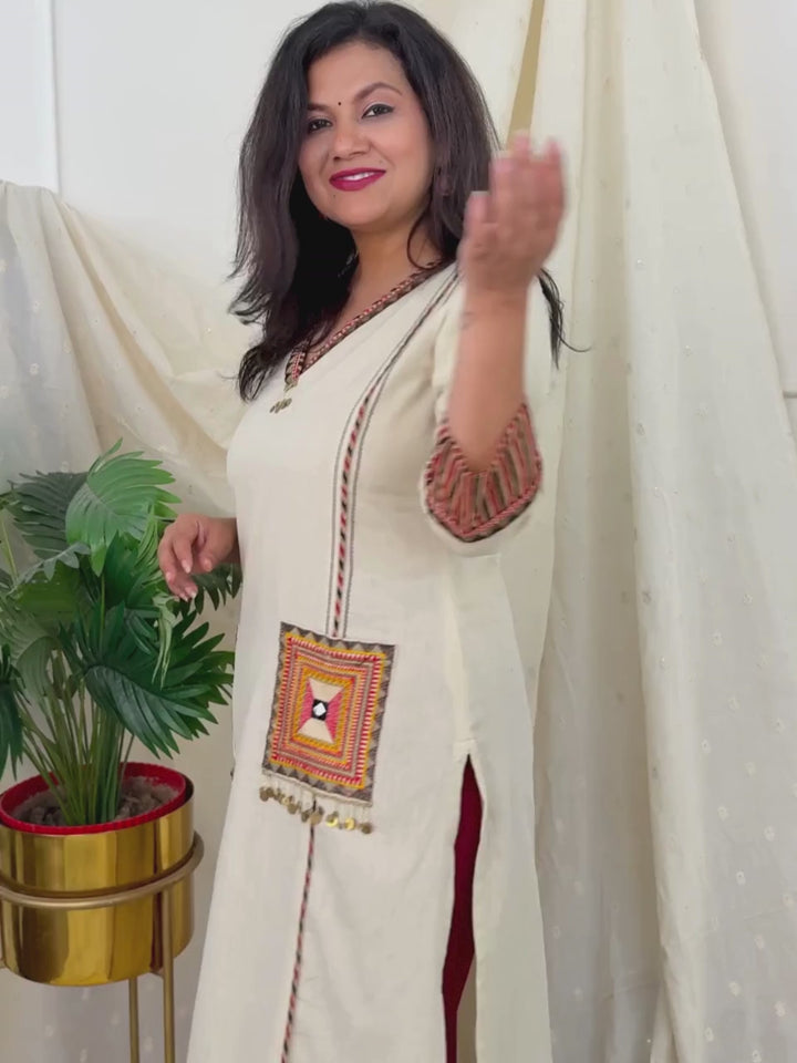 Gulkand Slate Beige Embroidered Patch with Coin Work Cotton Kurti with Pocket
