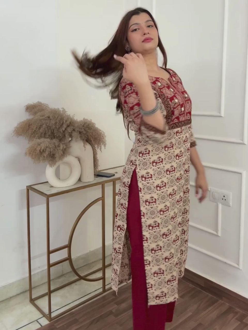 Shaniya Beige with Red Ajrak with Elephant Print Mirror Work Cotton Kurti