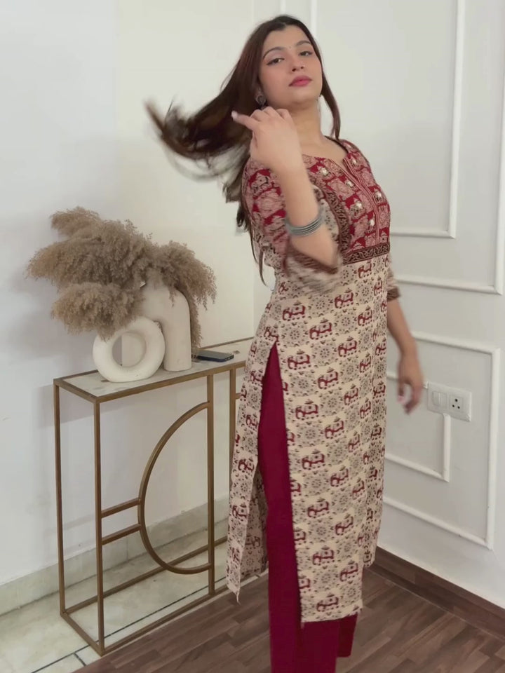 Shaniya Beige with Red Ajrak with Elephant Print Mirror Work Cotton Kurti