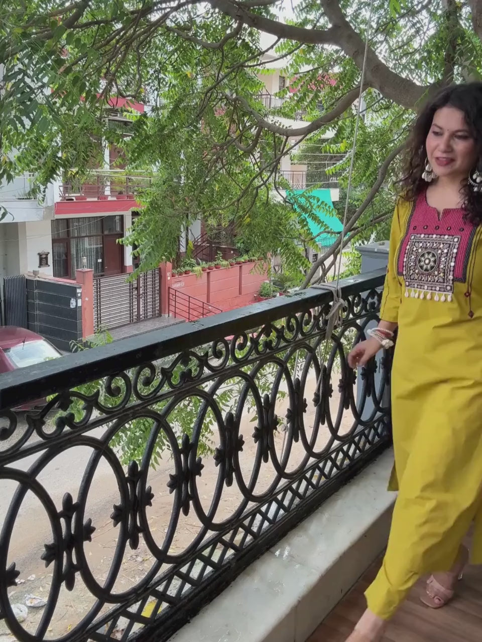 Vamika Lemon Yellow with Embroidered Patch Yoke with Shell Work Cotton Kurti