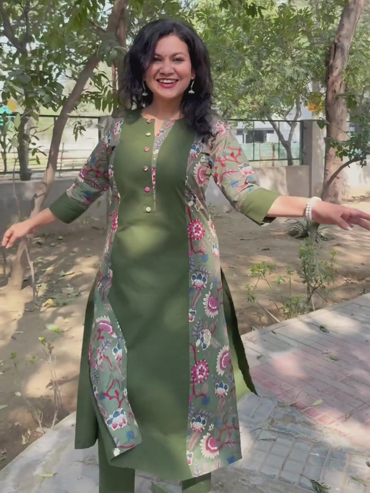 Khushi Forest Green Button Work Round Neck Floral Printed Panel Cotton Kurti