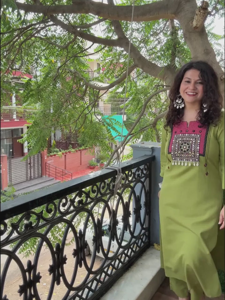 Vamika Pine Green with Embroidered Patch Yoke with Shell Work Cotton Kurti