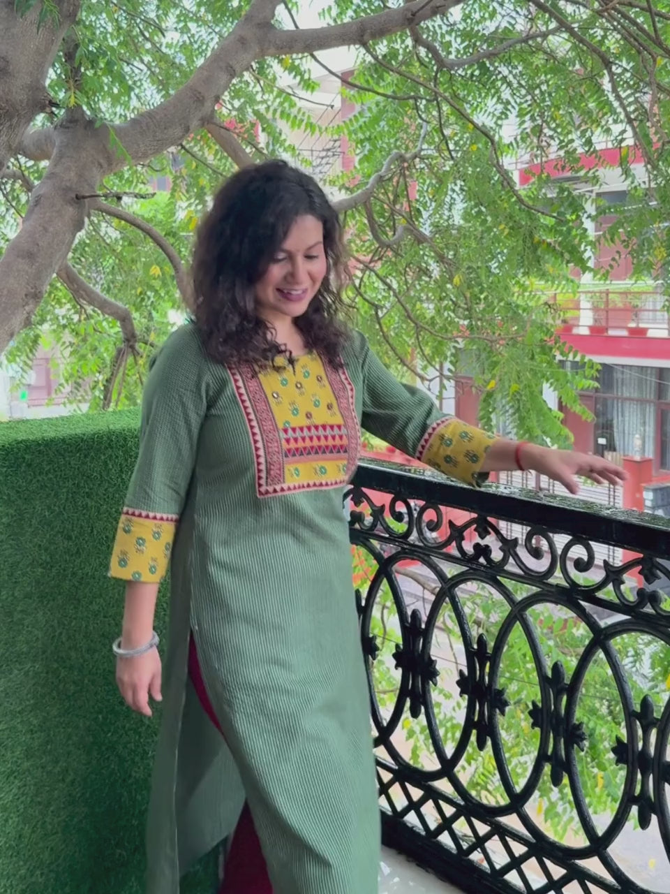 Mehek Forest Green with Ajrak Printed Yoke and Mirror Work Running Stitch Cotton Kurti