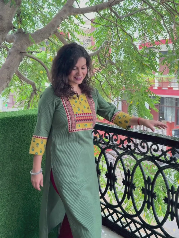 Mehek Forest Green with Ajrak Printed Yoke and Mirror Work Running Stitch Cotton Kurti