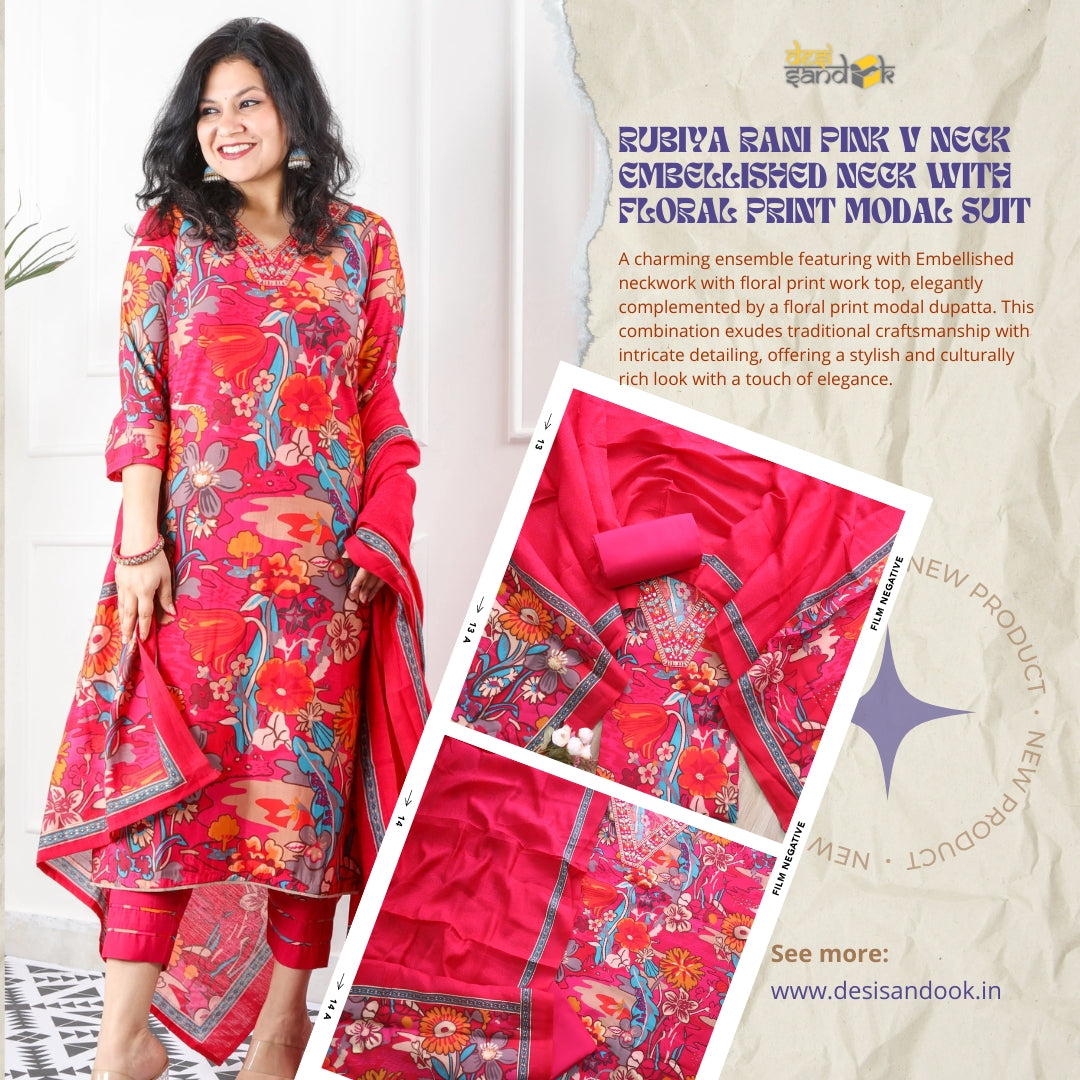 Rubiya Rani Pink V Neck Embellished Neck with Floral Print Modal Suit Set