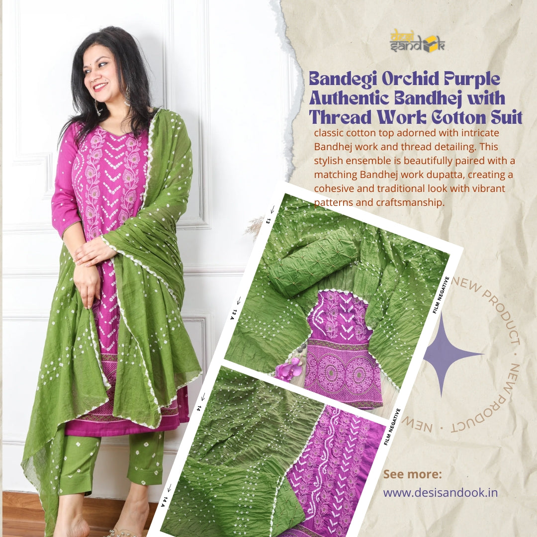 Bandegi Orchid Purple Authentic Bandhej with Thread Work Cotton Suit Set