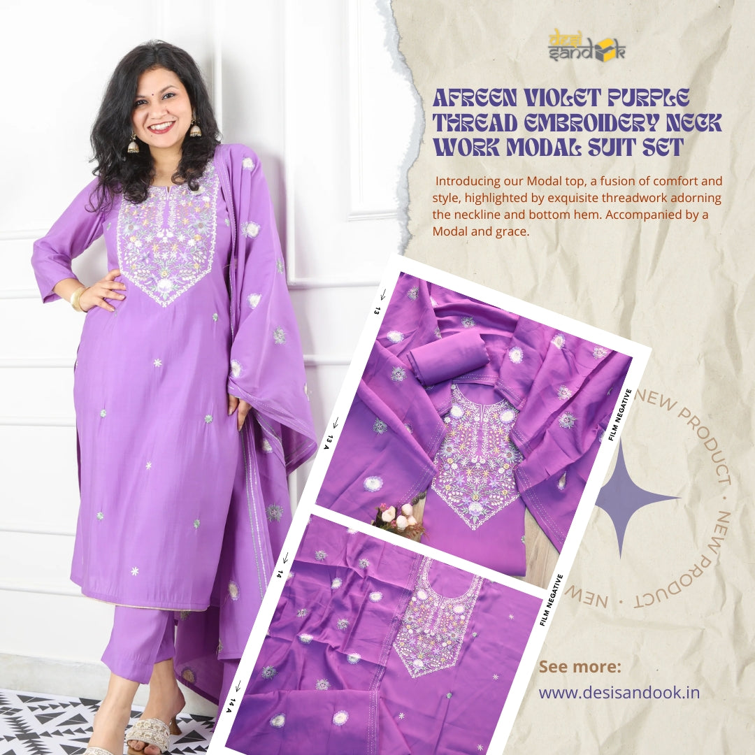 Afreen Violet Purple Thread Embroidery Neck Work Modal Suit Set