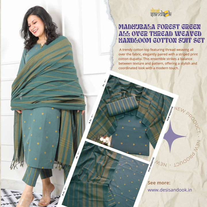 Madhubala Forest Green All Over Thread Weaved Handloom Cotton Suit Set
