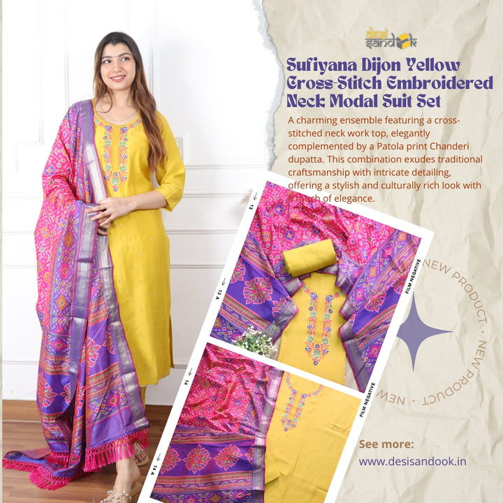 Sufiyana Dijon Yellow Cross-Stitch Embroidered Neck Modal Suit Set