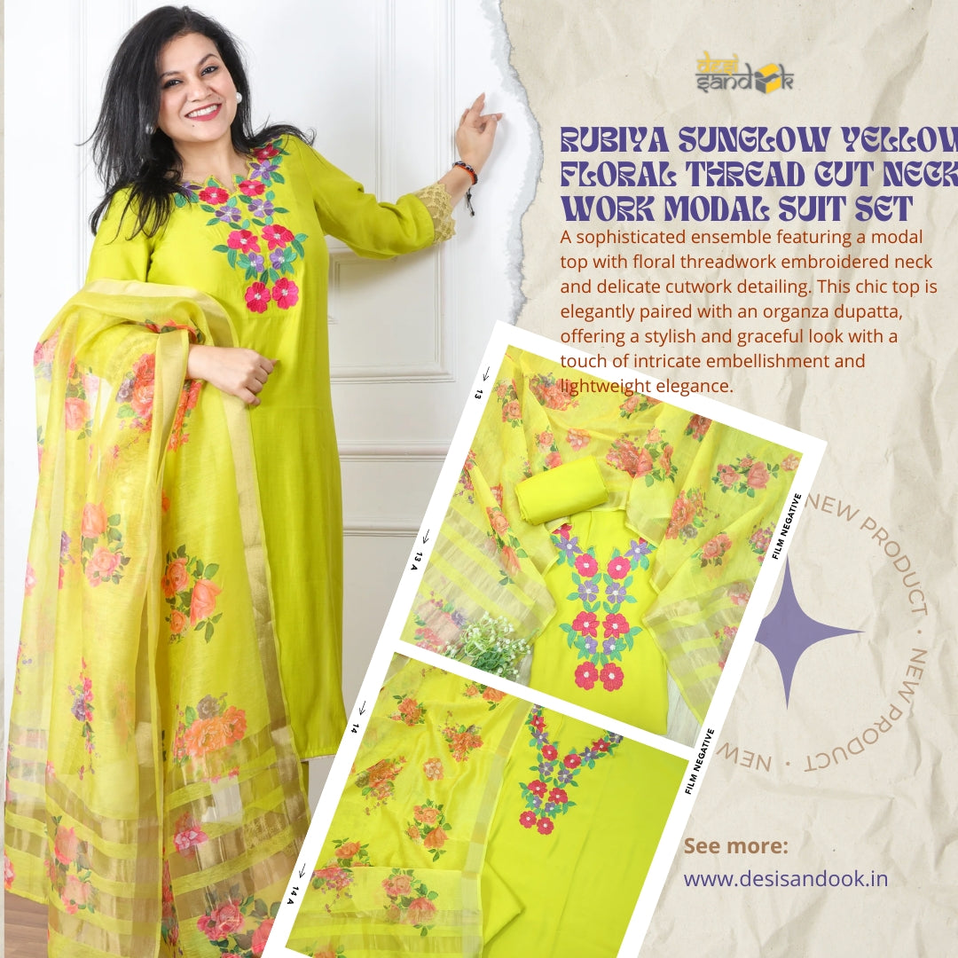 Rubiya Sunglow Yellow Floral Thread Cut Neck Work Modal Suit Set
