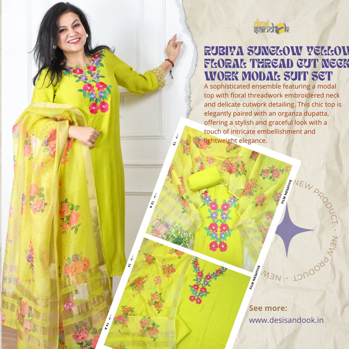 Rubiya Sunglow Yellow Floral Thread Cut Neck Work Modal Suit Set