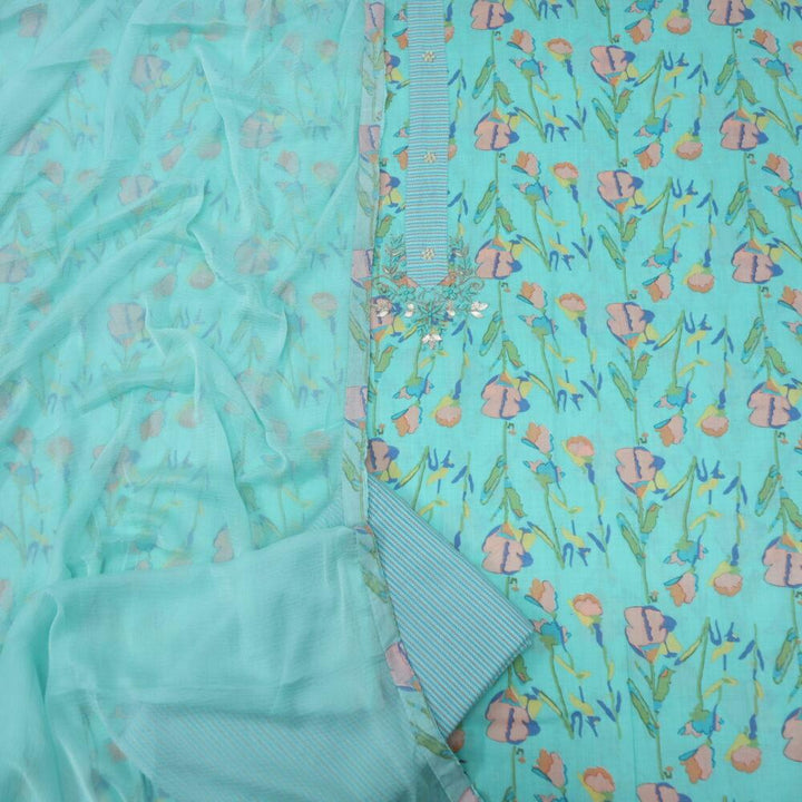 Aqua Printed Cotton Top and Bottom with Plain Chiffon Dupatta Set