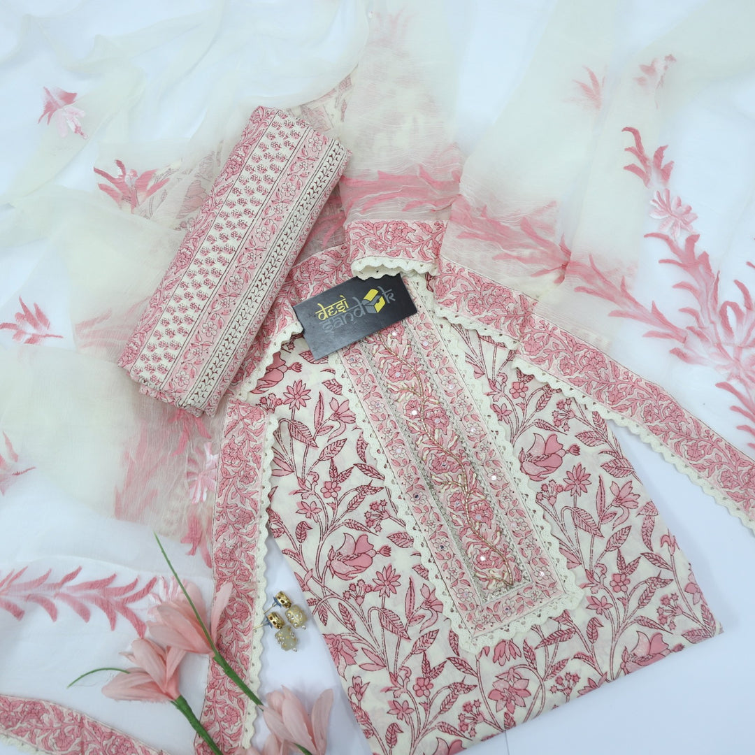 Cream and Pink Printed Cotton Top with Cream Chiffon HandPainted Dupatta Set
