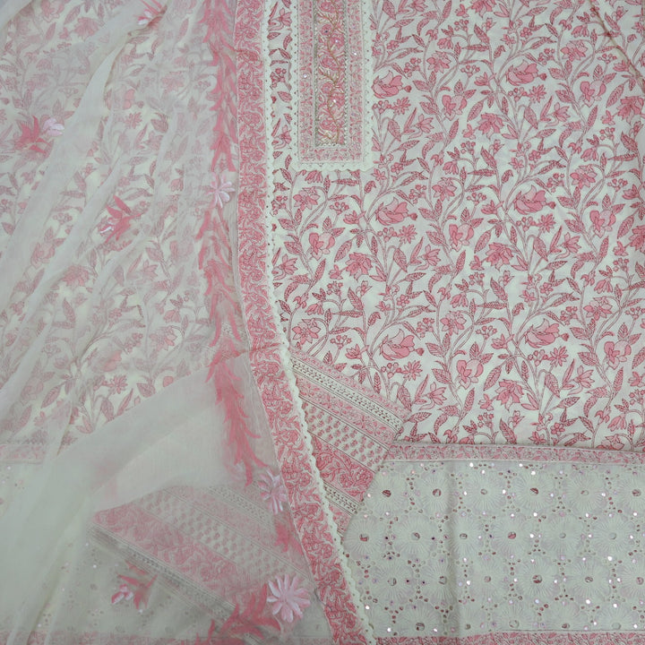 Cream and Pink Printed Cotton Top with Cream Chiffon HandPainted Dupatta Set