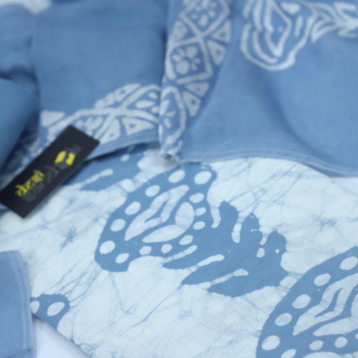 Cream and Baby Blue Printed Cotton Top and Dupatta Set