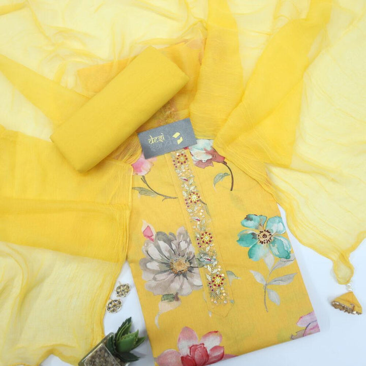 Canary Yellow Printed Cotton Top with Chiffon Dupatta Set