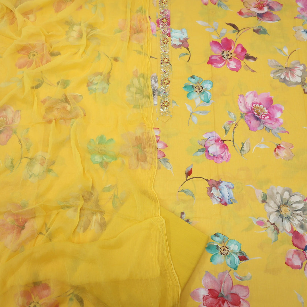 Canary Yellow Printed Cotton Top with Chiffon Dupatta Set