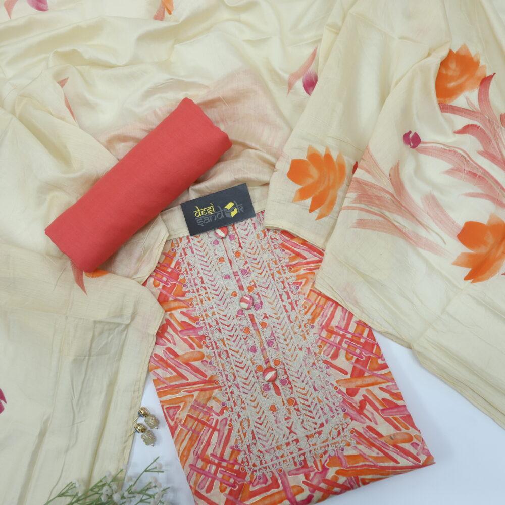 Bright Orange Digital Printed Cotton Top with Beige Hand Painted Dupatta Set