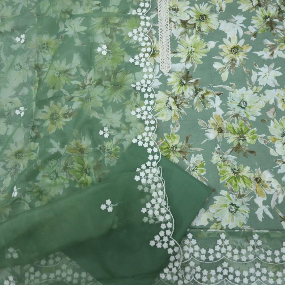 Basil Green Printed Cotton Top with Organza Dupatta Set