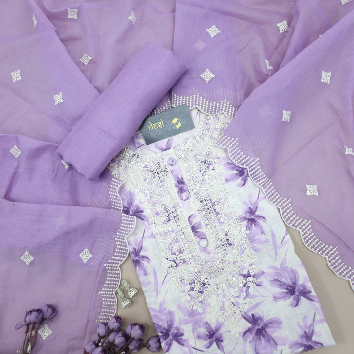Beige and Purple Printed Cotton Linen Top with Purple Dupatta Set