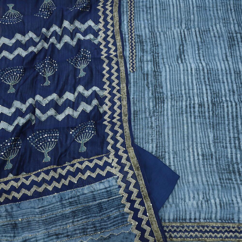 Blue self printed top with Brown kantha dupatta set