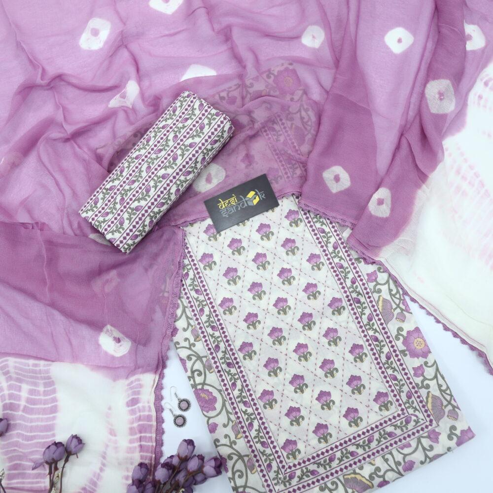 Cream and Purple Printed Cotton Top and Bottom with Bandhej Dupatta Set