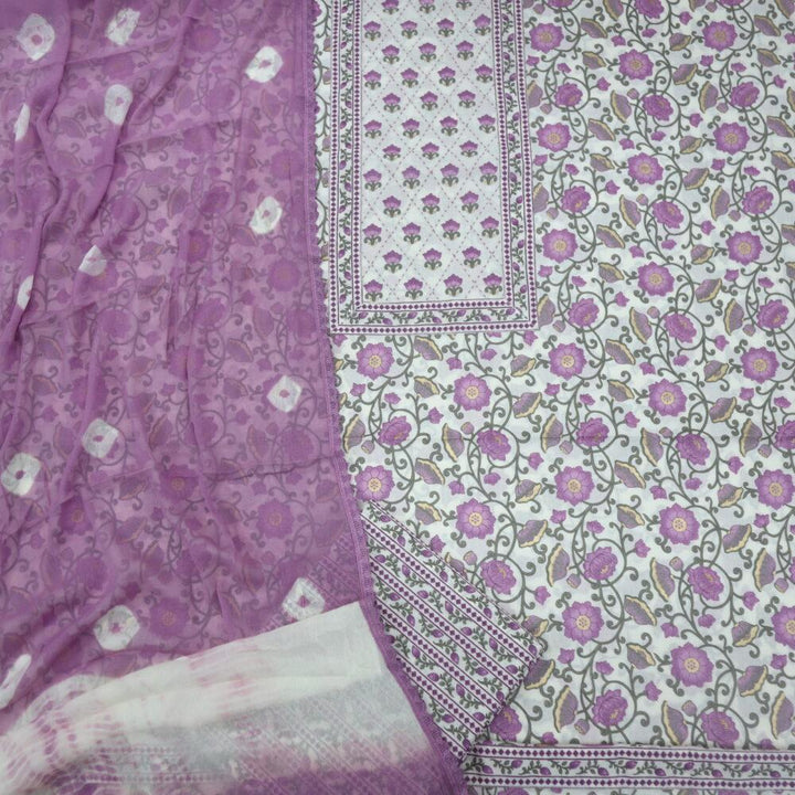 Cream and Purple Printed Cotton Top and Bottom with Bandhej Dupatta Set