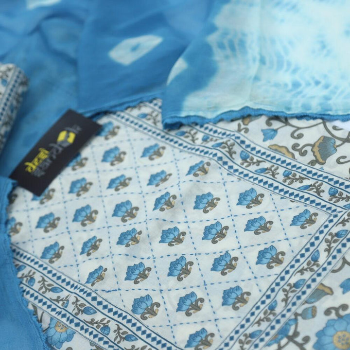 Cream and Azure Blue Printed Cotton Top and Bottom with Bandhej Dupatta Set