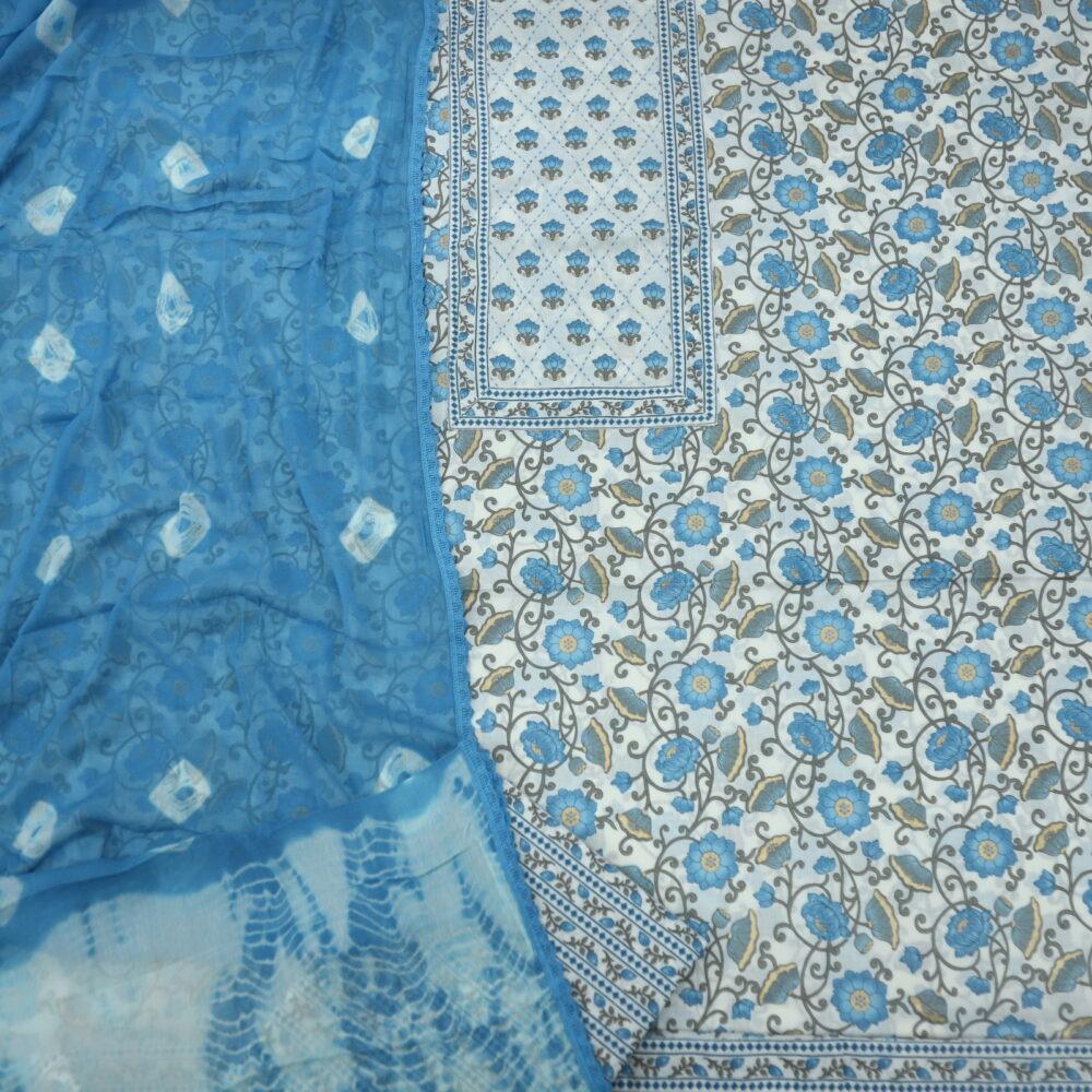 Cream and Azure Blue Printed Cotton Top and Bottom with Bandhej Dupatta Set