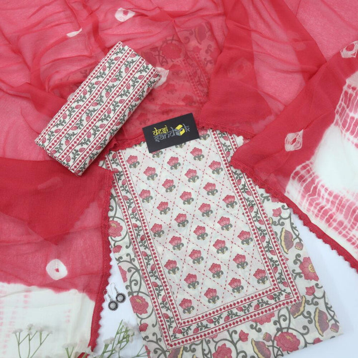 Cream and Crimson Printed Cotton Top and Bottom with Bandhej Dupatta Set