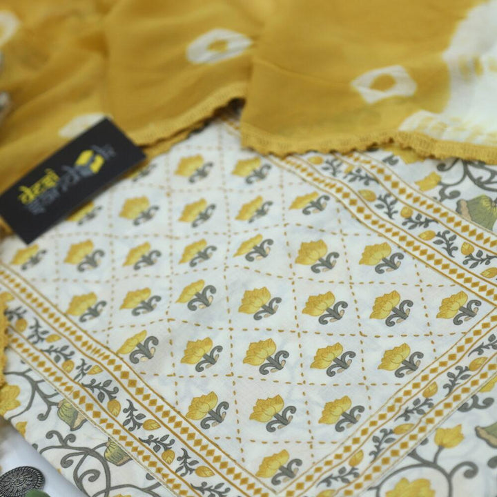 Cream and Yellow Printed Cotton Top and Bottom with Bandhej Dupatta Set