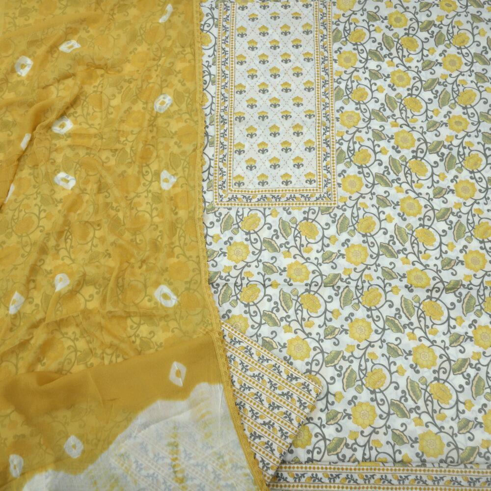 Cream and Yellow Printed Cotton Top and Bottom with Bandhej Dupatta Set