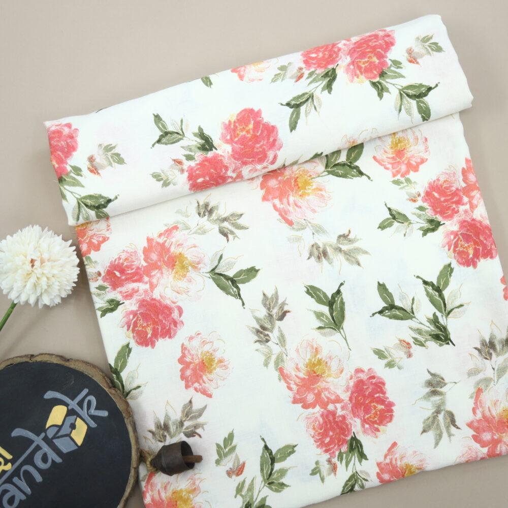 Cream and Pink Floral Printed Rayon Fabric