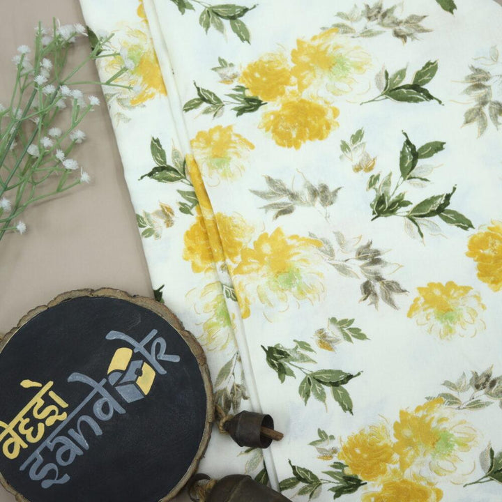 Cream and Yellow Floral Printed Rayon Fabric