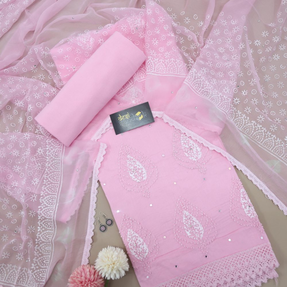 Baby Pink Cotton French Knot Work Top with Chiffon Dupatta Set