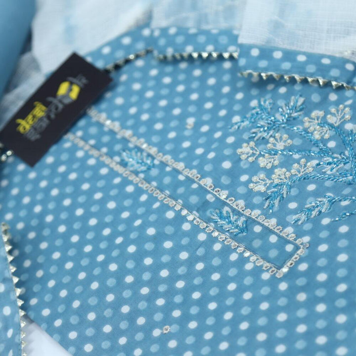 Cornflower Blue Polka Dot Printed Cotton Top with Cream Kota Dupatta Set