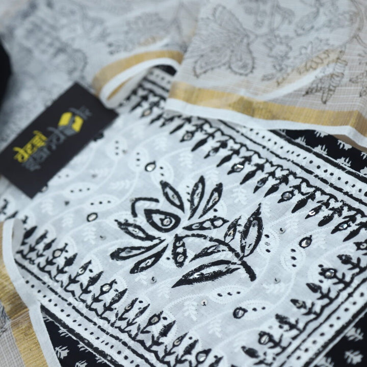 Black Ditsy Printed Cotton Top with White Kota Printed Dupatta Set-1