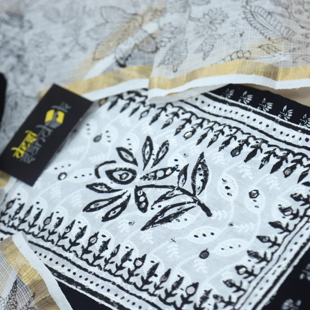 Black Ditsy Printed Cotton Top with White Kota Printed Dupatta Set-3