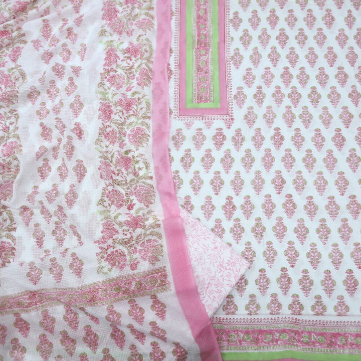 Cream and Pink Screen Printed Cotton Top and Dupatta Set