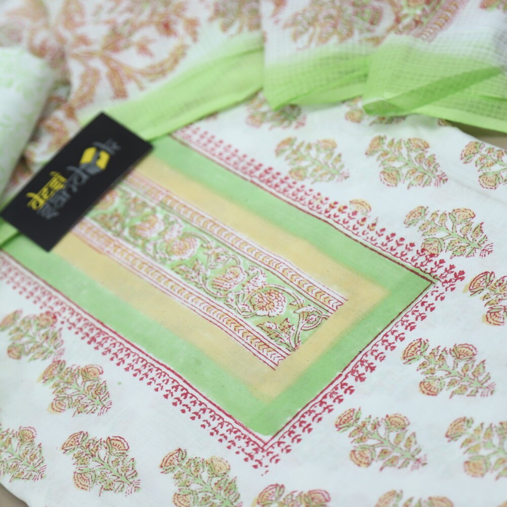 Cream and Green Screen Printed Cotton Top and Dupatta Set