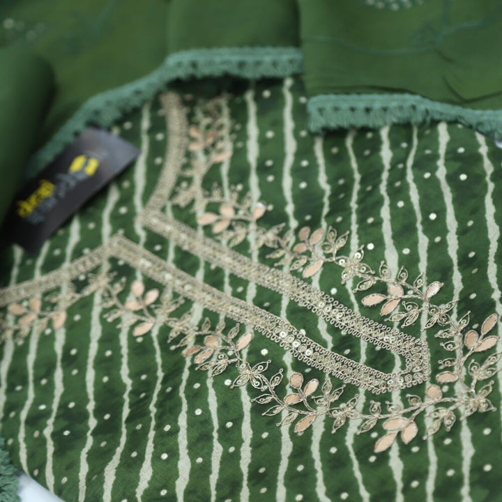 Army Green Leheriya Glazed Cotton Top with Thread work Dupatta Set